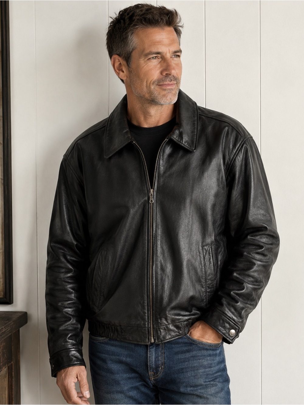 J.Ferrar Men’s Genuine Lambskin Leather Bomber Jacket Zip Front Classic